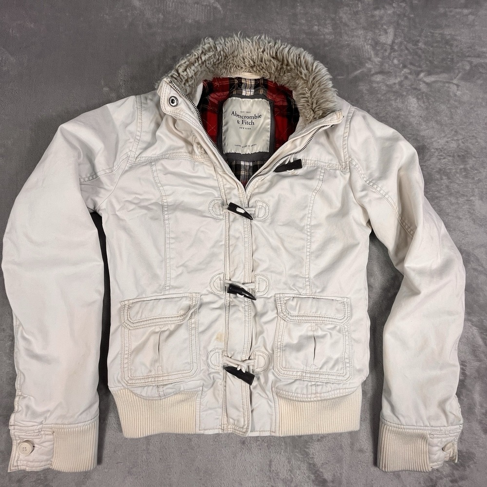 VTG Y2K Abercrombie Fitch Ivory Jacket Womens L (runs sm) Faux Fur Plaid Lined